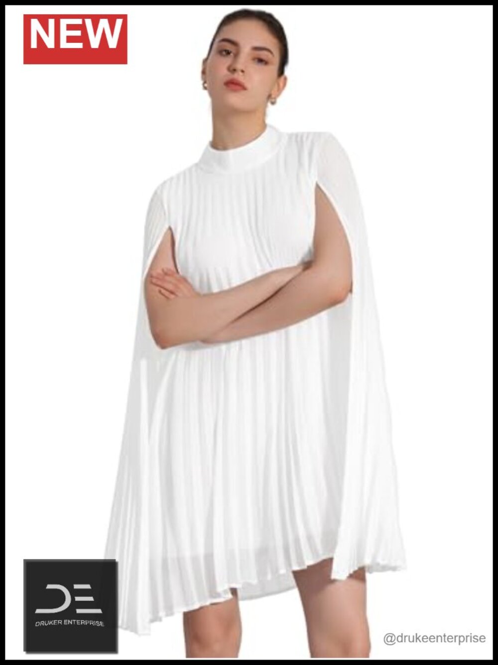 Women Chiffon Pleated Flowy Cloak Sleeve Cape Knee Length Dress